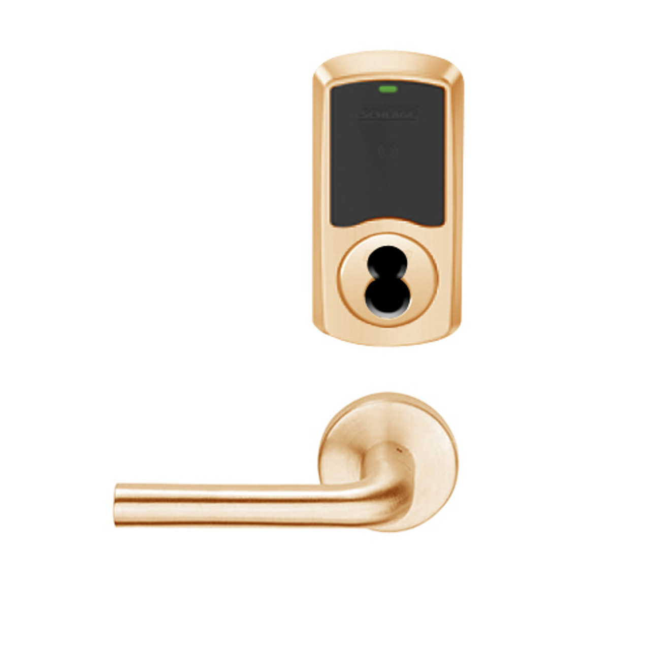 LEMB-GRW-J-02-612-00A Schlage Privacy/Office Wireless Greenwich Mortise Lock with Push Button & LED Indicator and 02 Lever Prepped for FSIC in Satin Bronze