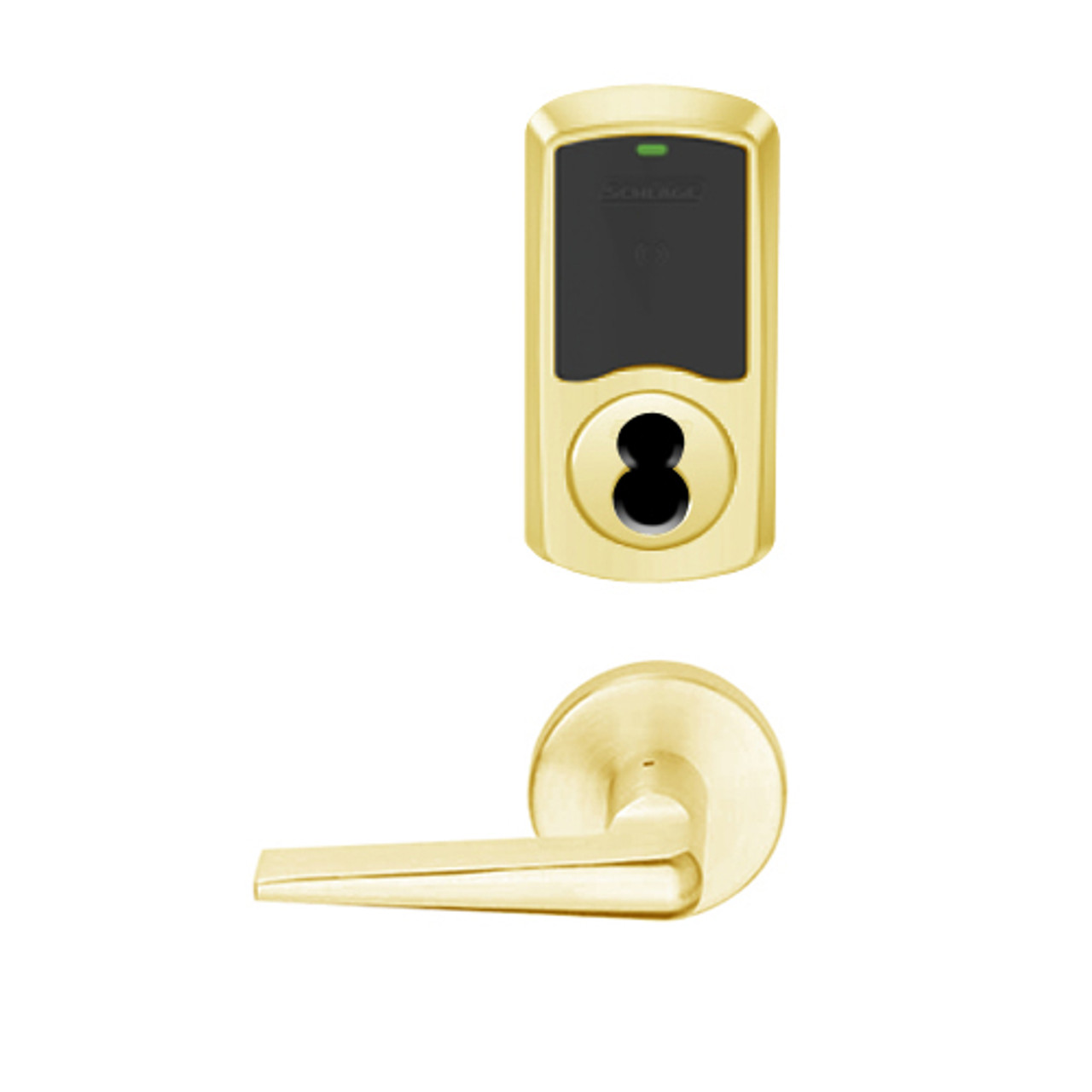 LEMB-GRW-J-05-605-00C Schlage Privacy/Office Wireless Greenwich Mortise Lock with Push Button & LED Indicator and 05 Lever Prepped for FSIC in Bright Brass