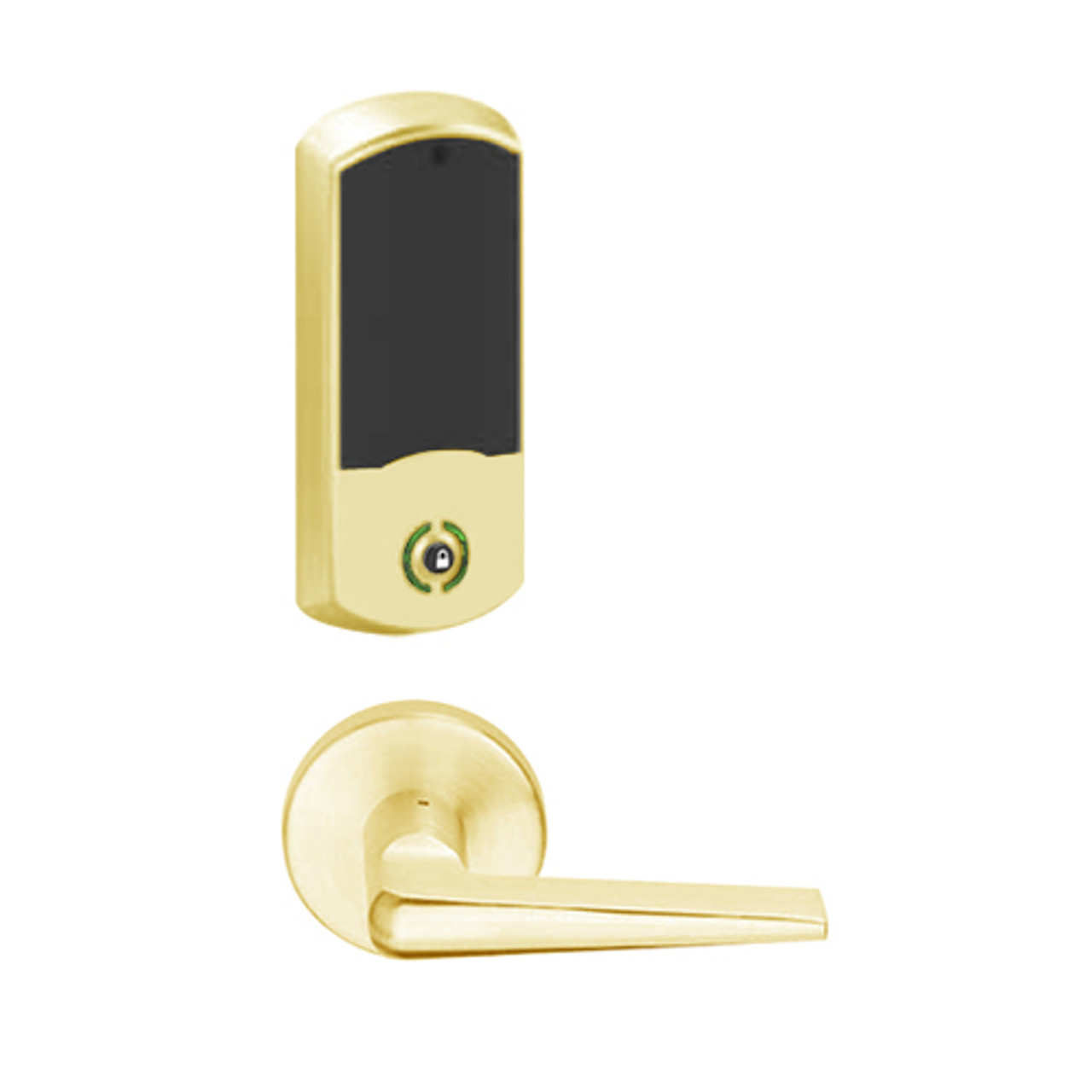 LEMB-GRW-J-05-605-00C Schlage Privacy/Office Wireless Greenwich Mortise Lock with Push Button & LED Indicator and 05 Lever Prepped for FSIC in Bright Brass