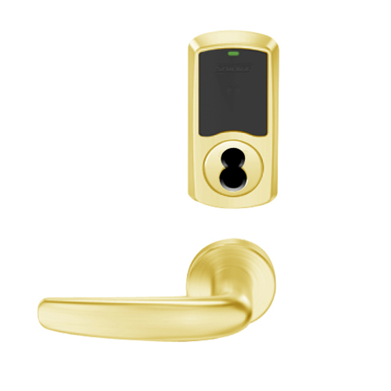 LEMS-GRW-BD-07-605-00B Schlage Storeroom Wireless Greenwich Mortise Lock with LED Indicator and Athens Lever Prepped for SFIC in Bright Brass