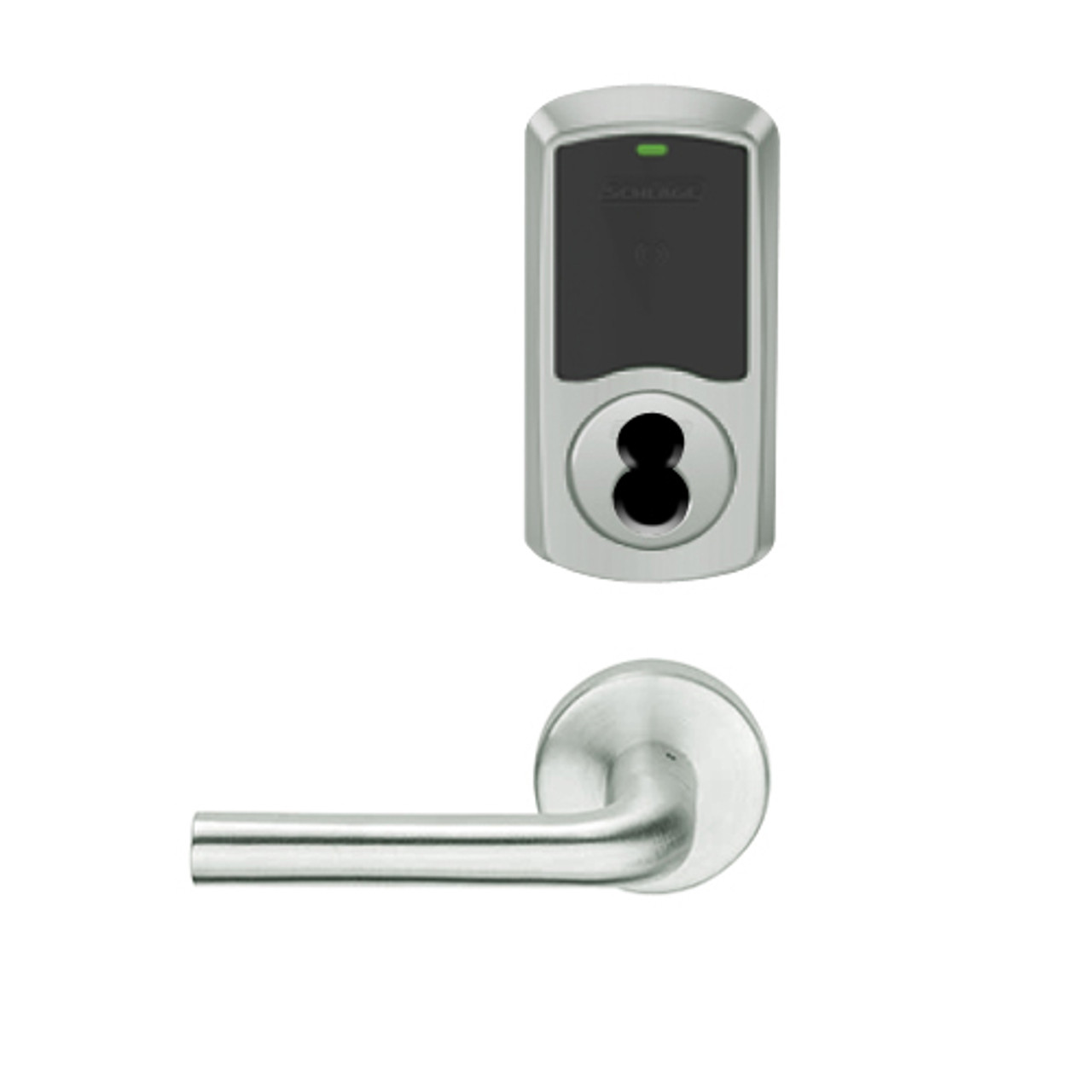 LEMB-GRW-BD-02-619-00A Schlage Privacy/Office Wireless Greenwich Mortise Lock with Push Button & LED Indicator and 02 Lever Prepped for SFIC in Satin Nickel