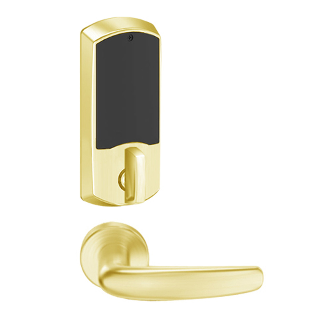 LEMD-GRW-L-07-605-00B Schlage Less Cylinder Privacy/Apartment Wireless Greenwich Mortise Deadbolt Lock with LED and Athens Lever in Bright Brass