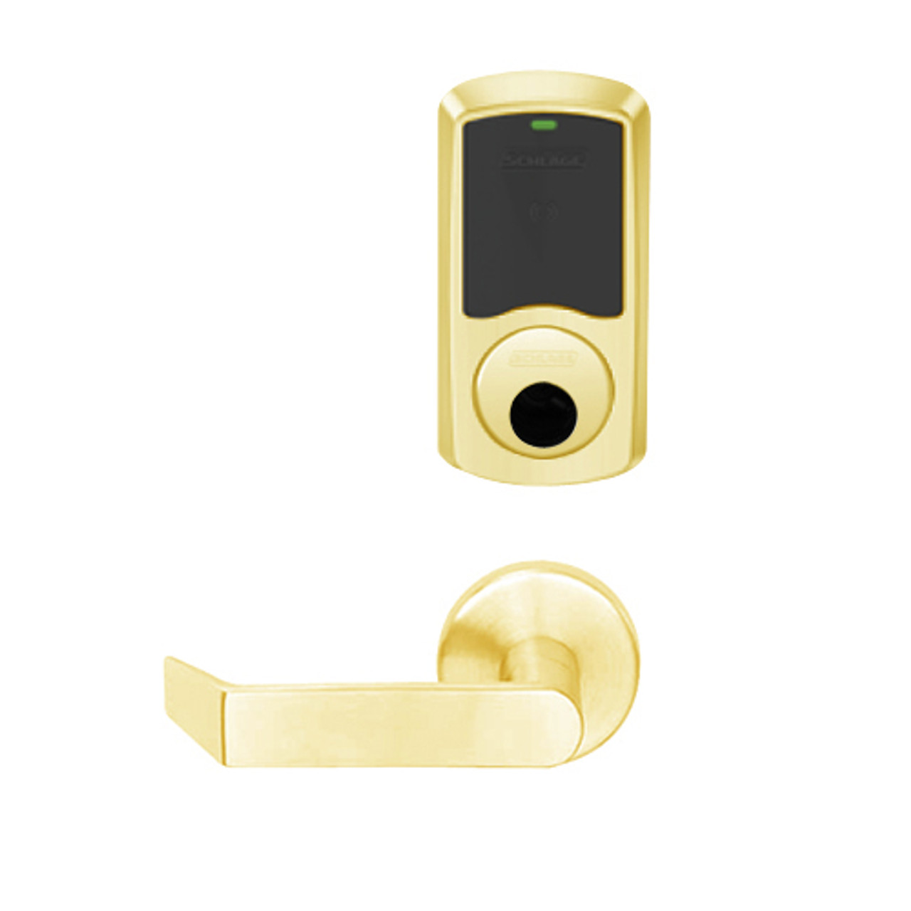 LEMD-GRW-L-06-605-00B Schlage Less Cylinder Privacy/Apartment Wireless Greenwich Mortise Deadbolt Lock with LED and Rhodes Lever in Bright Brass