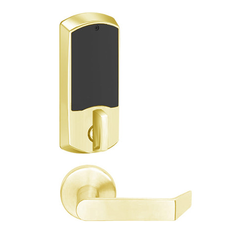 LEMD-GRW-L-06-605-00B Schlage Less Cylinder Privacy/Apartment Wireless Greenwich Mortise Deadbolt Lock with LED and Rhodes Lever in Bright Brass