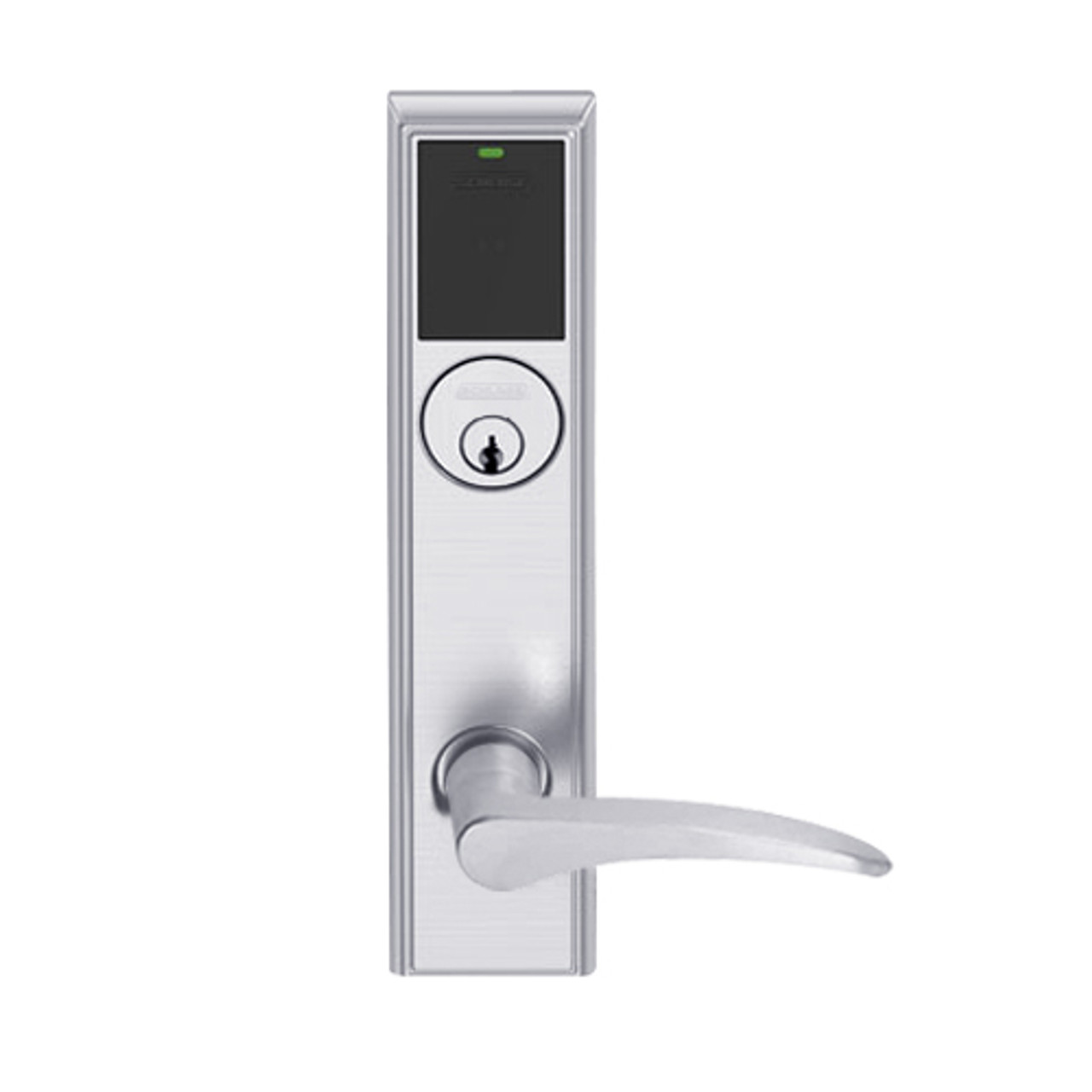 LEMS-ADD-P-12-626AM-LH Schlage Storeroom Wireless Addison Mortise Lock with LED and 12 Lever in Satin Chrome Antimicrobial