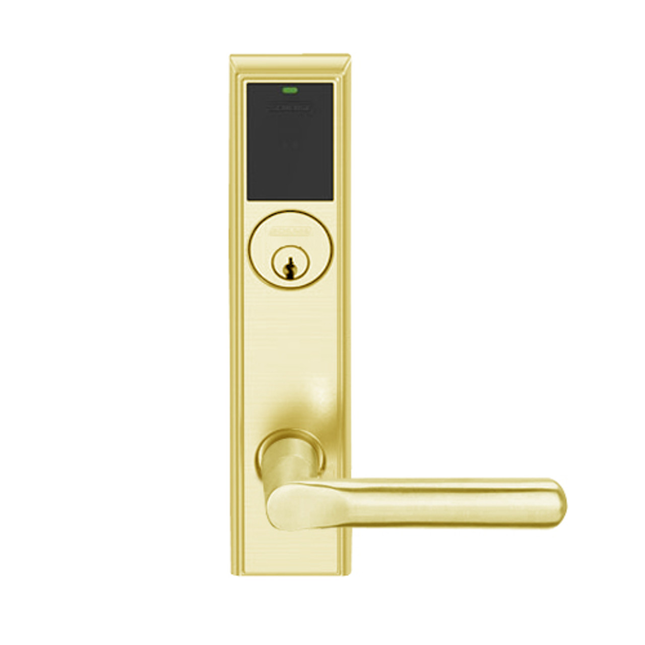 LEMS-ADD-P-18-605 Schlage Storeroom Wireless Addison Mortise Lock with LED and 18 Lever in Bright Brass