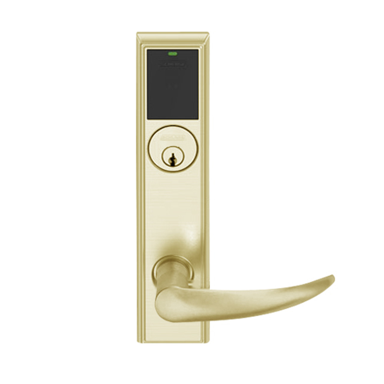 LEMS-ADD-P-OME-606 Schlage Storeroom Wireless Addison Mortise Lock with LED and Omega Lever in Satin Brass