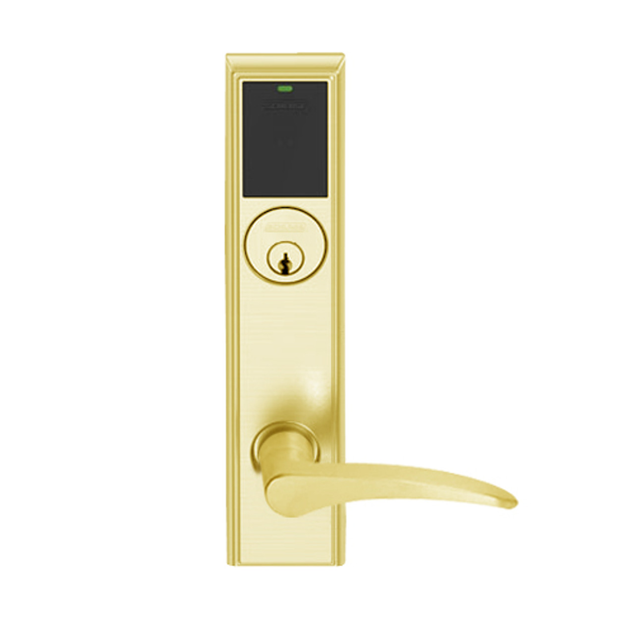 LEMB-ADD-P-12-605-RH Schlage Privacy/Office Wireless Addison Mortise Lock with Push Button, LED and 12 Lever in Bright Brass