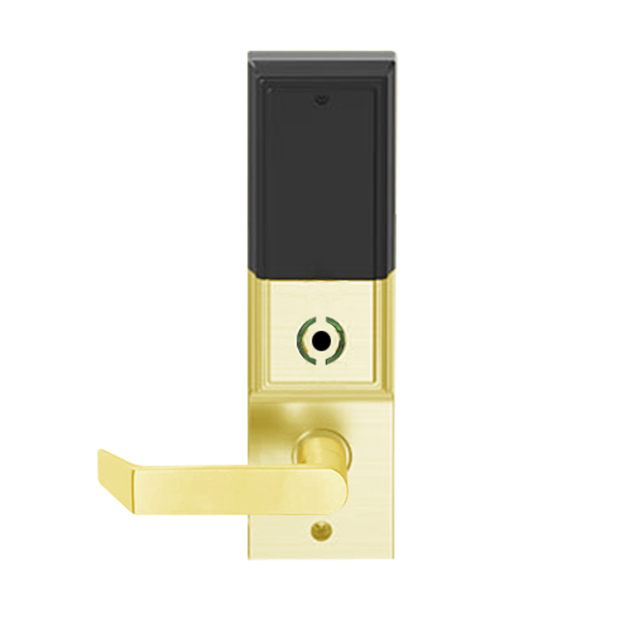 LEMS-ADD-L-06-605 Schlage Less Mortise Cylinder Storeroom Wireless Addison Mortise Lock with LED and Rhodes Lever in Bright Brass