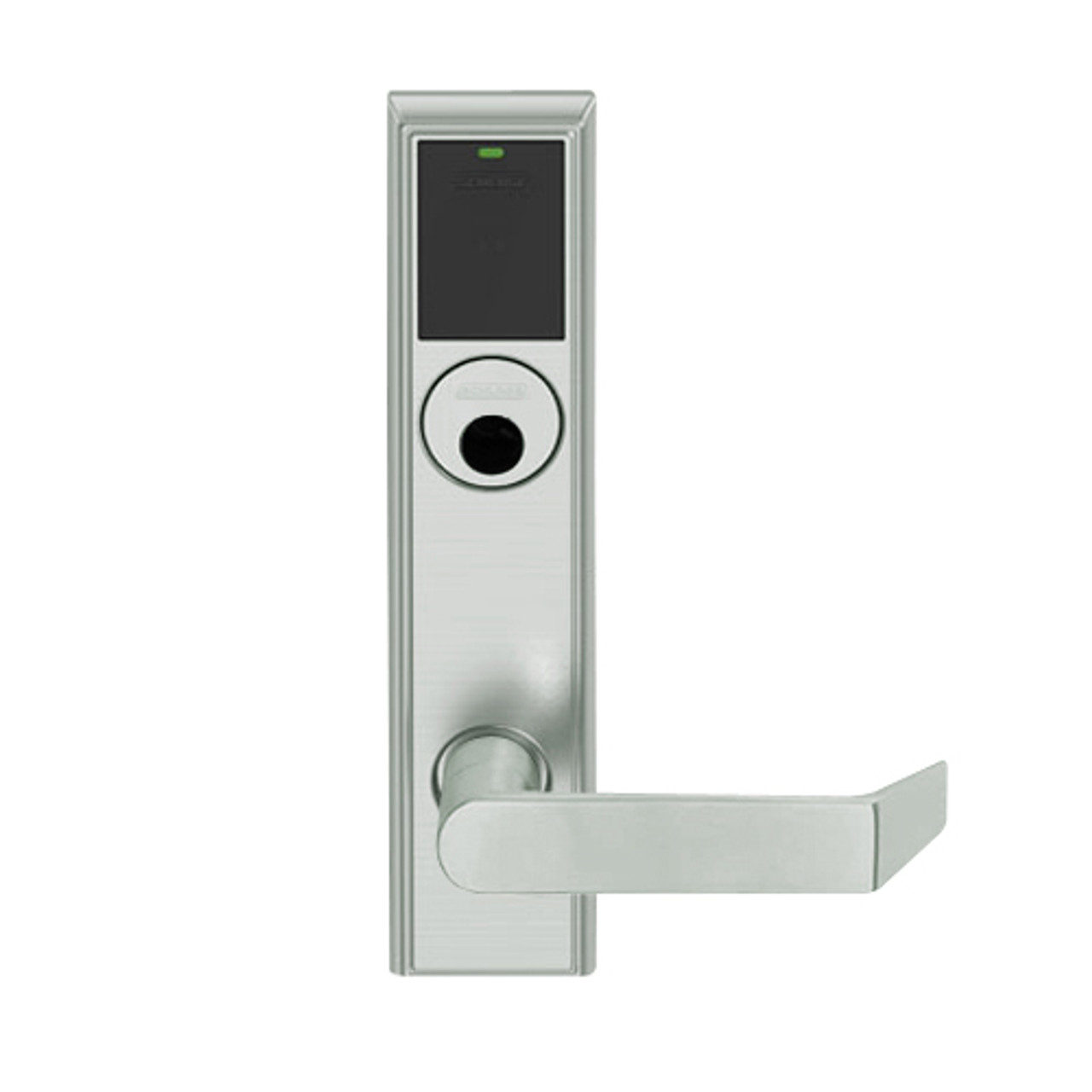 LEMS-ADD-L-06-619 Schlage Less Mortise Cylinder Storeroom Wireless Addison Mortise Lock with LED and Rhodes Lever in Satin Nickel