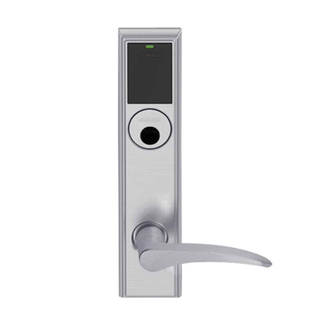 LEMS-ADD-L-12-626-RH Schlage Less Mortise Cylinder Storeroom Wireless Addison Mortise Lock with LED and 12 Lever in Satin Chrome