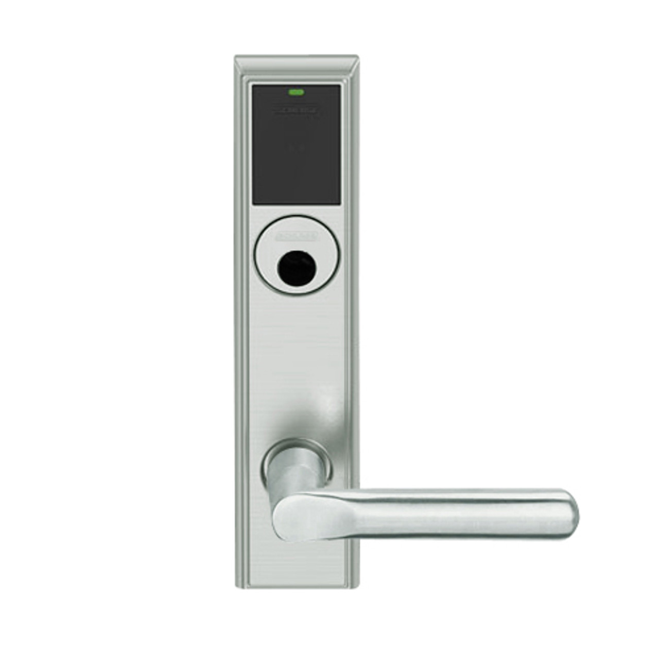 LEMS-ADD-L-18-619 Schlage Less Mortise Cylinder Storeroom Wireless Addison Mortise Lock with LED and 18 Lever in Satin Nickel