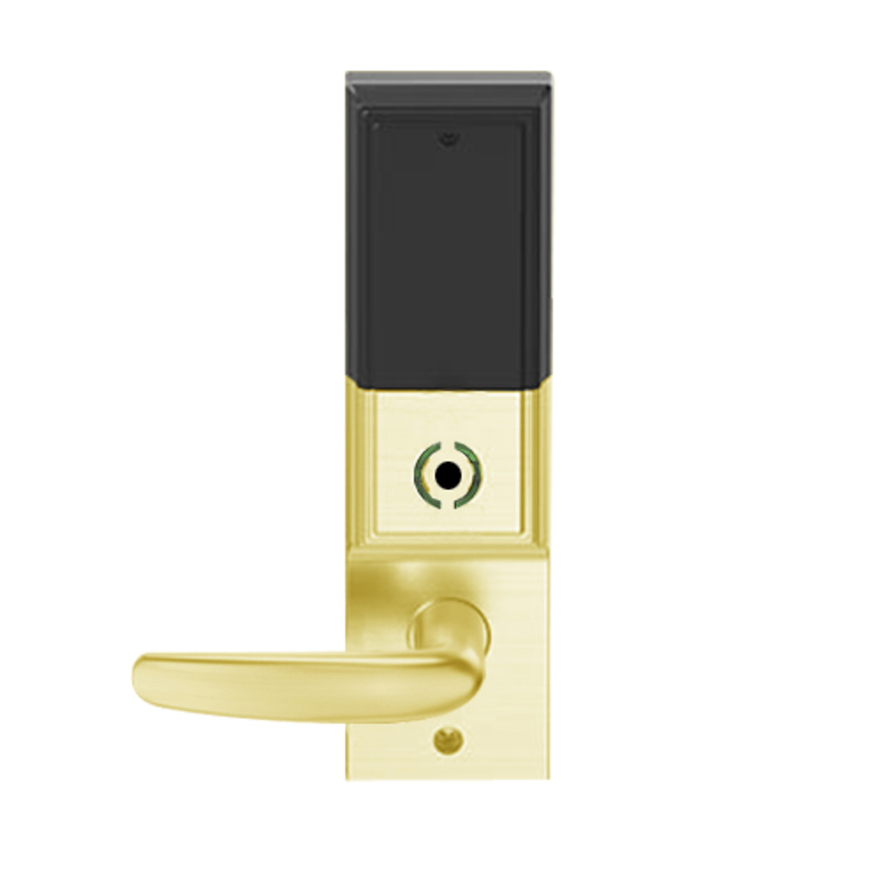 LEMB-ADD-L-07-605 Schlage Less Mortise Cylinder Privacy/Office Wireless Addison Mortise Lock with Push Button, LED and Athens Lever in Bright Brass