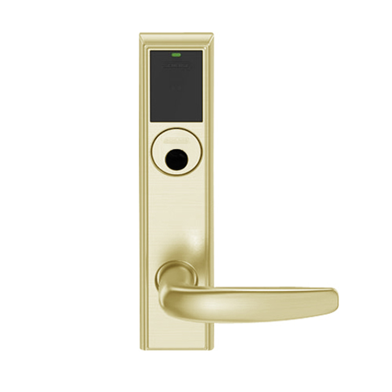 LEMB-ADD-L-07-606 Schlage Less Mortise Cylinder Privacy/Office Wireless Addison Mortise Lock with Push Button, LED and Athens Lever in Satin Brass