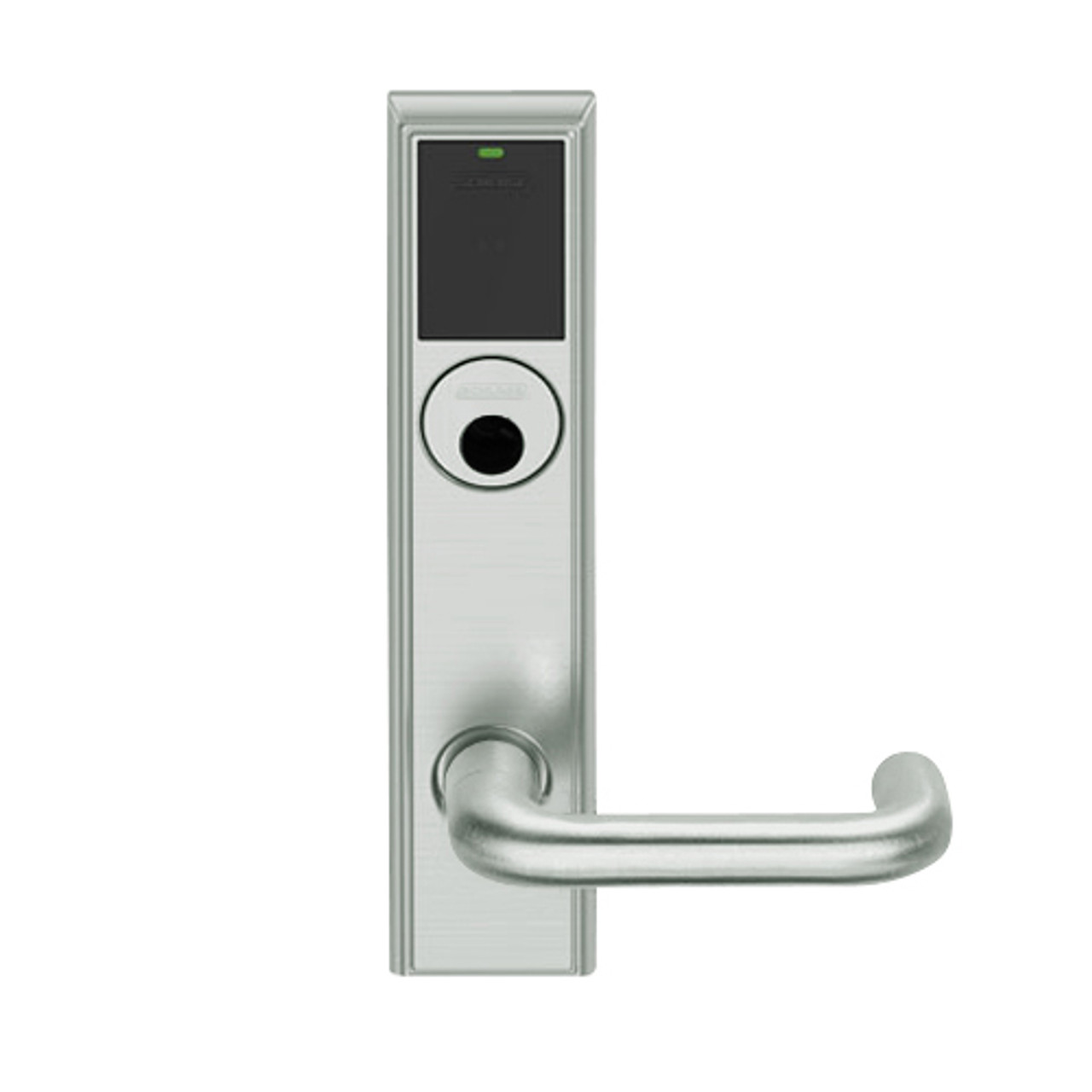 LEMB-ADD-L-03-619 Schlage Less Mortise Cylinder Privacy/Office Wireless Addison Mortise Lock with Push Button, LED and Tubular Lever in Satin Nickel