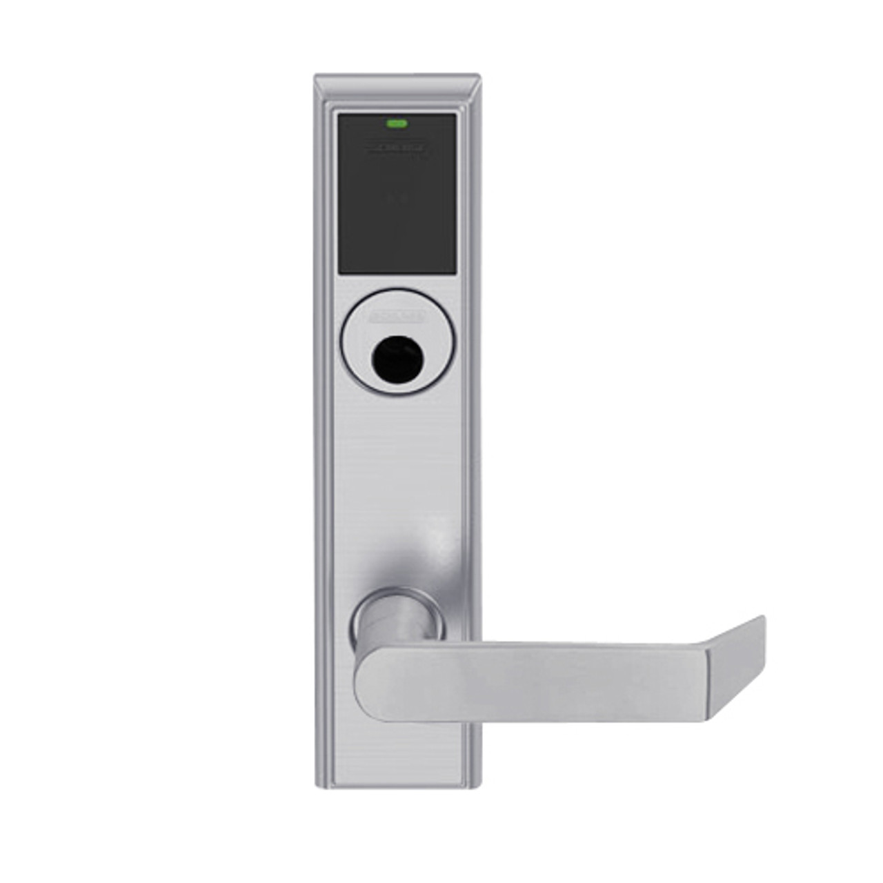 LEMB-ADD-L-06-626 Schlage Less Mortise Cylinder Privacy/Office Wireless Addison Mortise Lock with Push Button, LED and Rhodes Lever in Satin Chrome