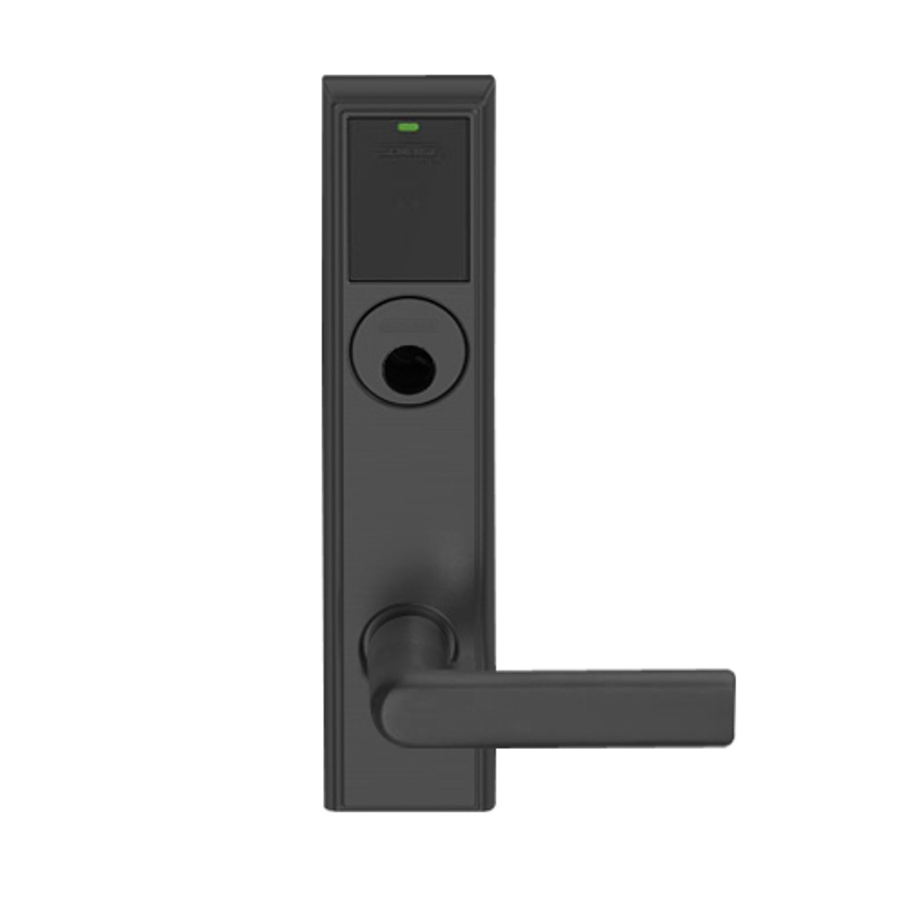 LEMB-ADD-L-01-622 Schlage Less Mortise Cylinder Privacy/Office Wireless Addison Mortise Lock with Push Button, LED and 01 Lever in Matte Black