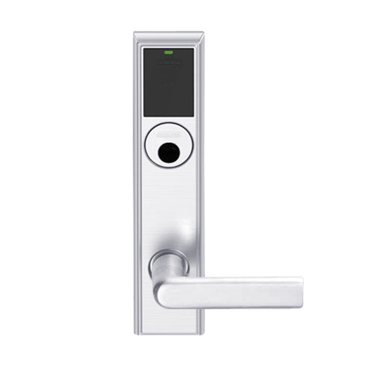 LEMB-ADD-L-01-625 Schlage Less Mortise Cylinder Privacy/Office Wireless Addison Mortise Lock with Push Button, LED and 01 Lever in Bright Chrome