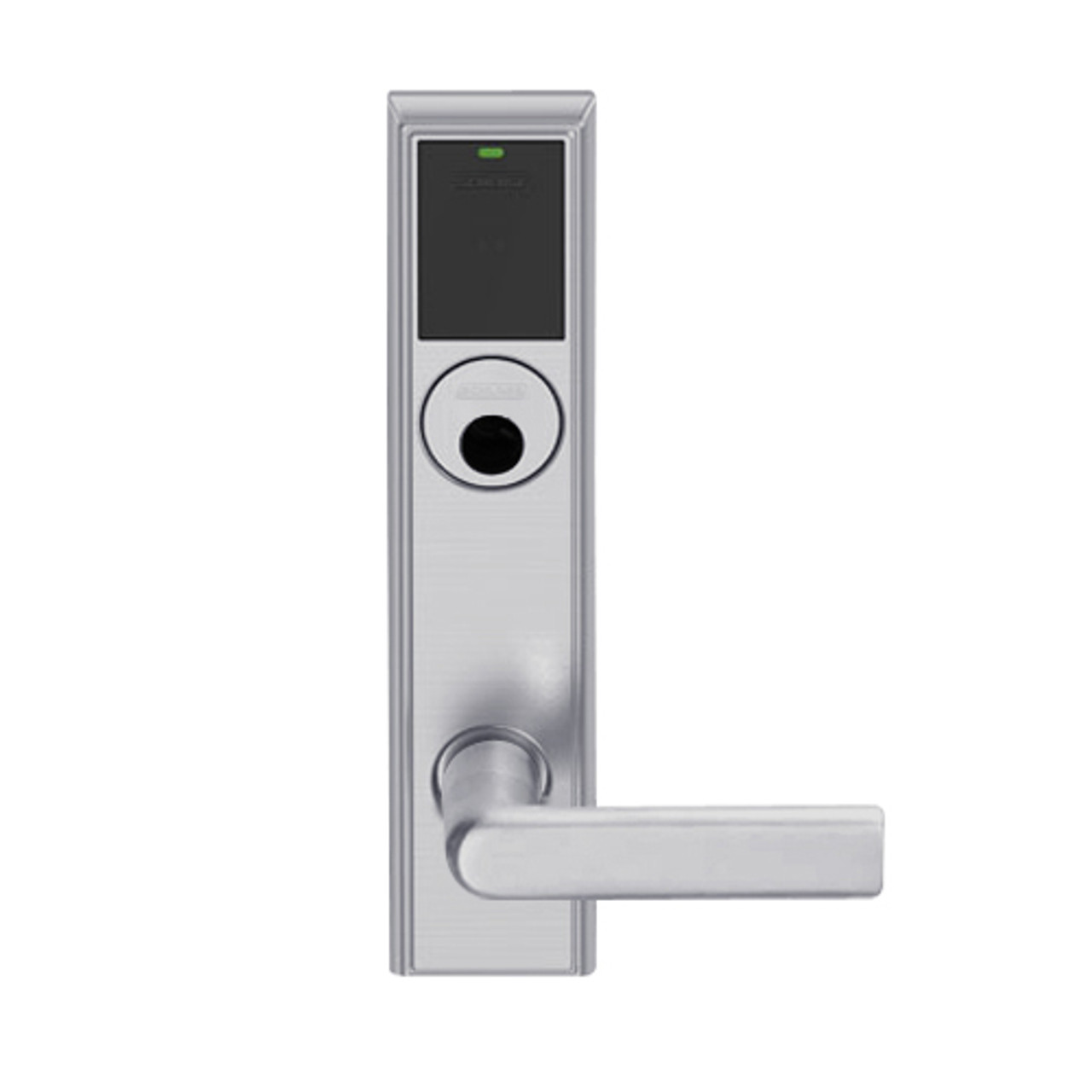 LEMB-ADD-L-01-626 Schlage Less Mortise Cylinder Privacy/Office Wireless Addison Mortise Lock with Push Button, LED and 01 Lever in Satin Chrome