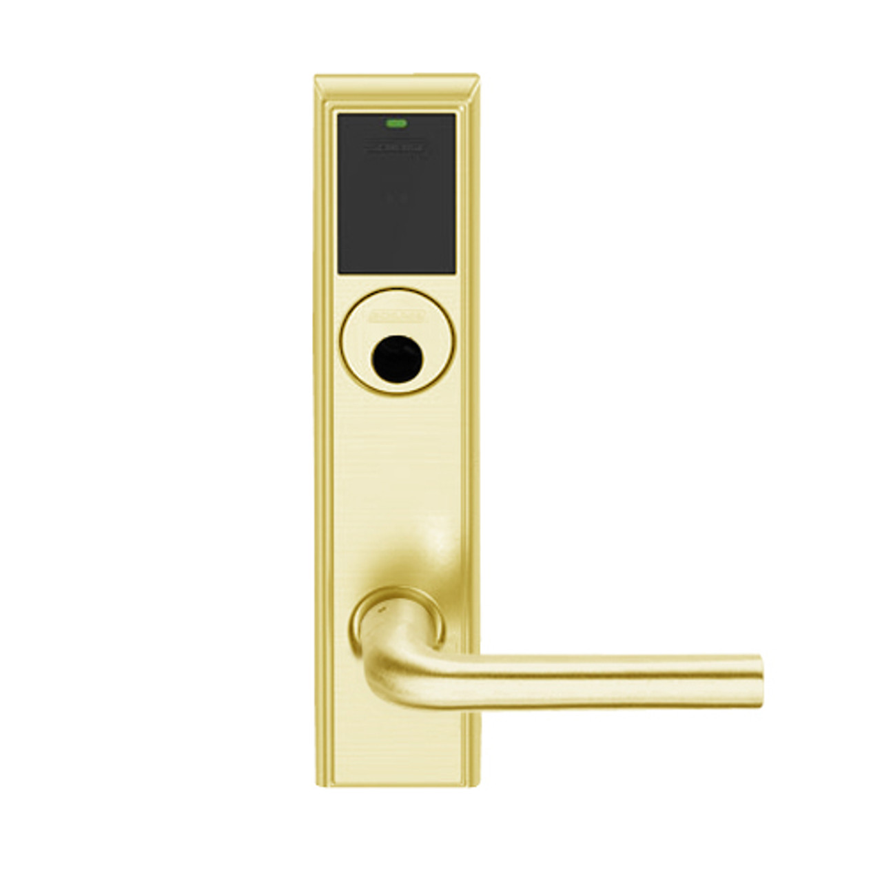 LEMB-ADD-L-02-605 Schlage Less Mortise Cylinder Privacy/Office Wireless Addison Mortise Lock with Push Button, LED and 02 Lever in Bright Brass