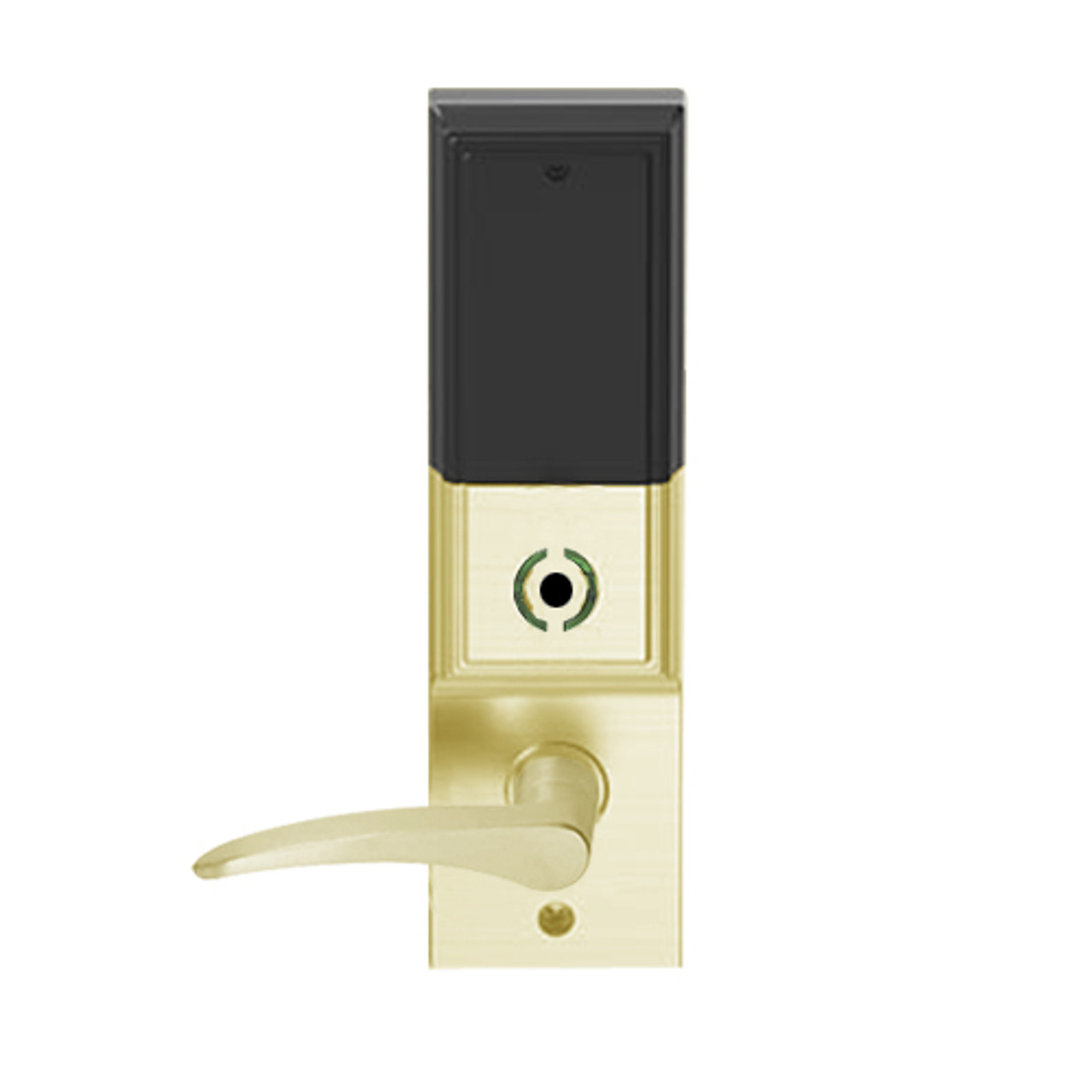 LEMB-ADD-L-12-606-RH Schlage Less Mortise Cylinder Privacy/Office Wireless Addison Mortise Lock with Push Button, LED and 12 Lever in Satin Brass