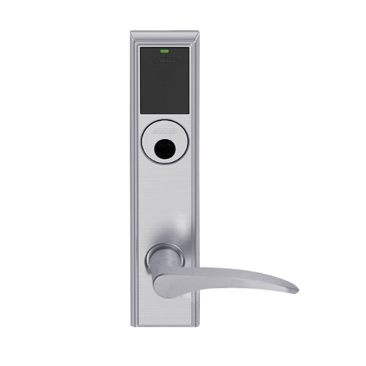 LEMB-ADD-L-12-626-RH Schlage Less Mortise Cylinder Privacy/Office Wireless Addison Mortise Lock with Push Button, LED and 12 Lever in Satin Chrome