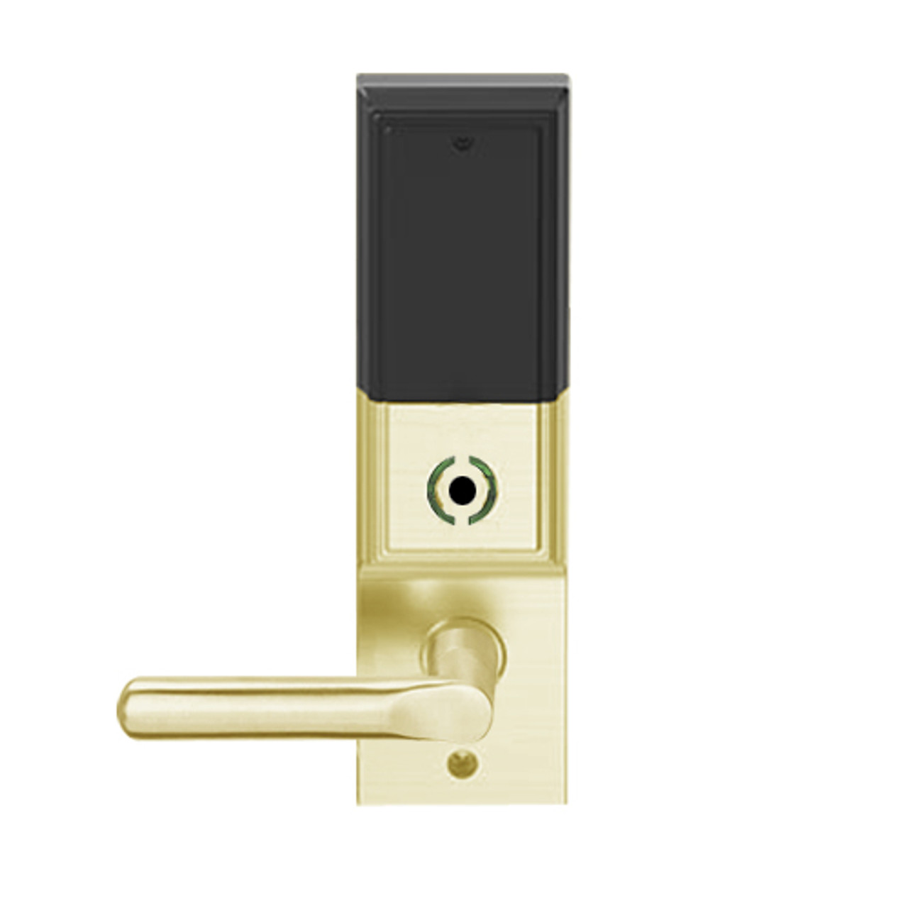 LEMB-ADD-L-18-606 Schlage Less Mortise Cylinder Privacy/Office Wireless Addison Mortise Lock with Push Button, LED and 18 Lever in Satin Brass