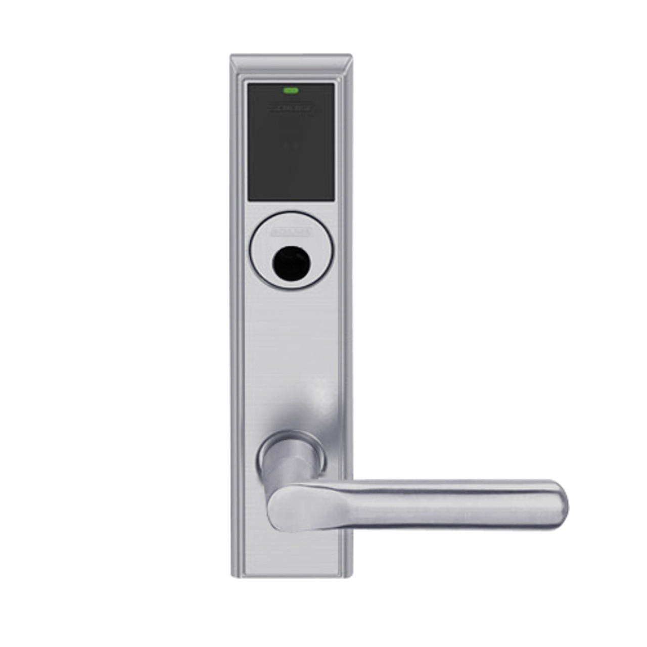 LEMB-ADD-L-18-626 Schlage Less Mortise Cylinder Privacy/Office Wireless Addison Mortise Lock with Push Button, LED and 18 Lever in Satin Chrome