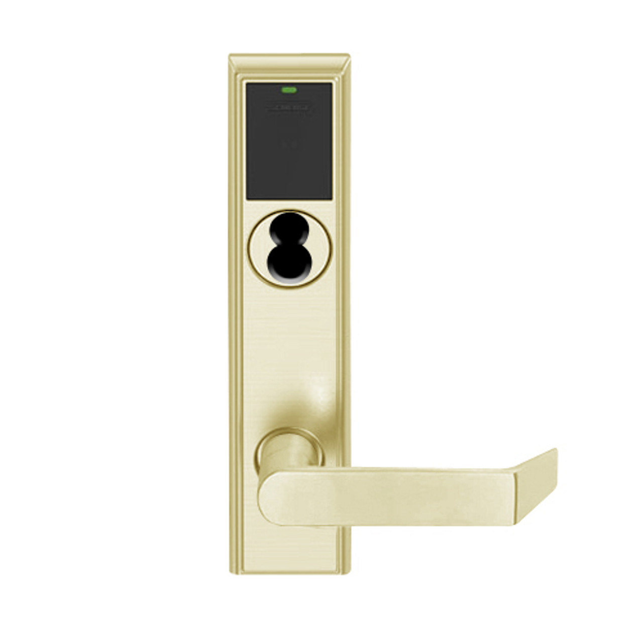 LEMS-ADD-J-06-606 Schlage Storeroom Wireless Addison Mortise Lock with LED and Rhodes Lever Prepped for FSIC in Satin Brass