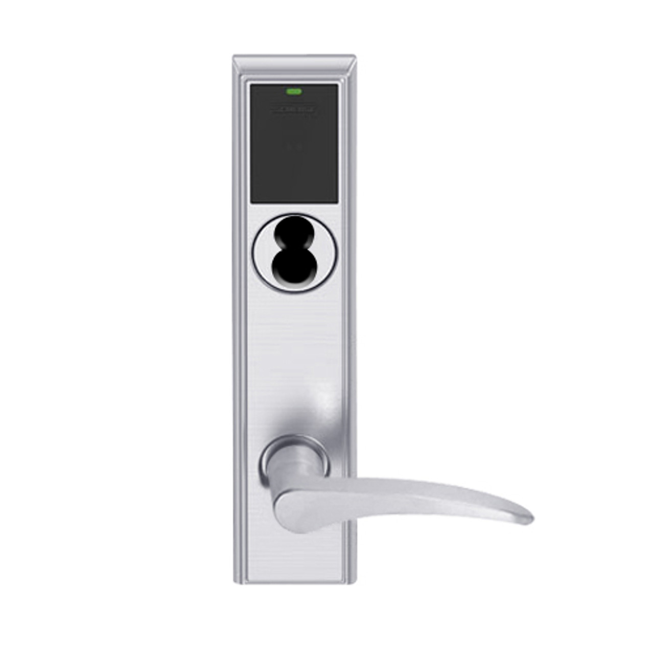 LEMS-ADD-J-12-626AM-LH Schlage Storeroom Wireless Addison Mortise Lock with LED and 12 Lever Prepped for FSIC in Satin Chrome Antimicrobial