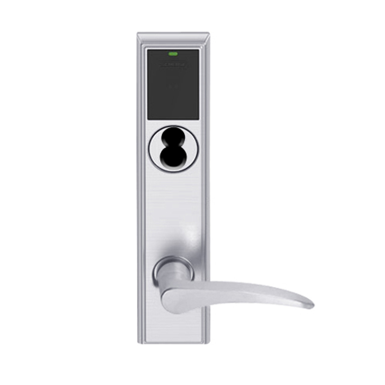 LEMB-ADD-BD-12-626AM-RH Schlage Privacy/Office Wireless Addison Mortise Lock with Push Button, LED and 12 Lever Prepped for SFIC in Satin Chrome Antimicrobial