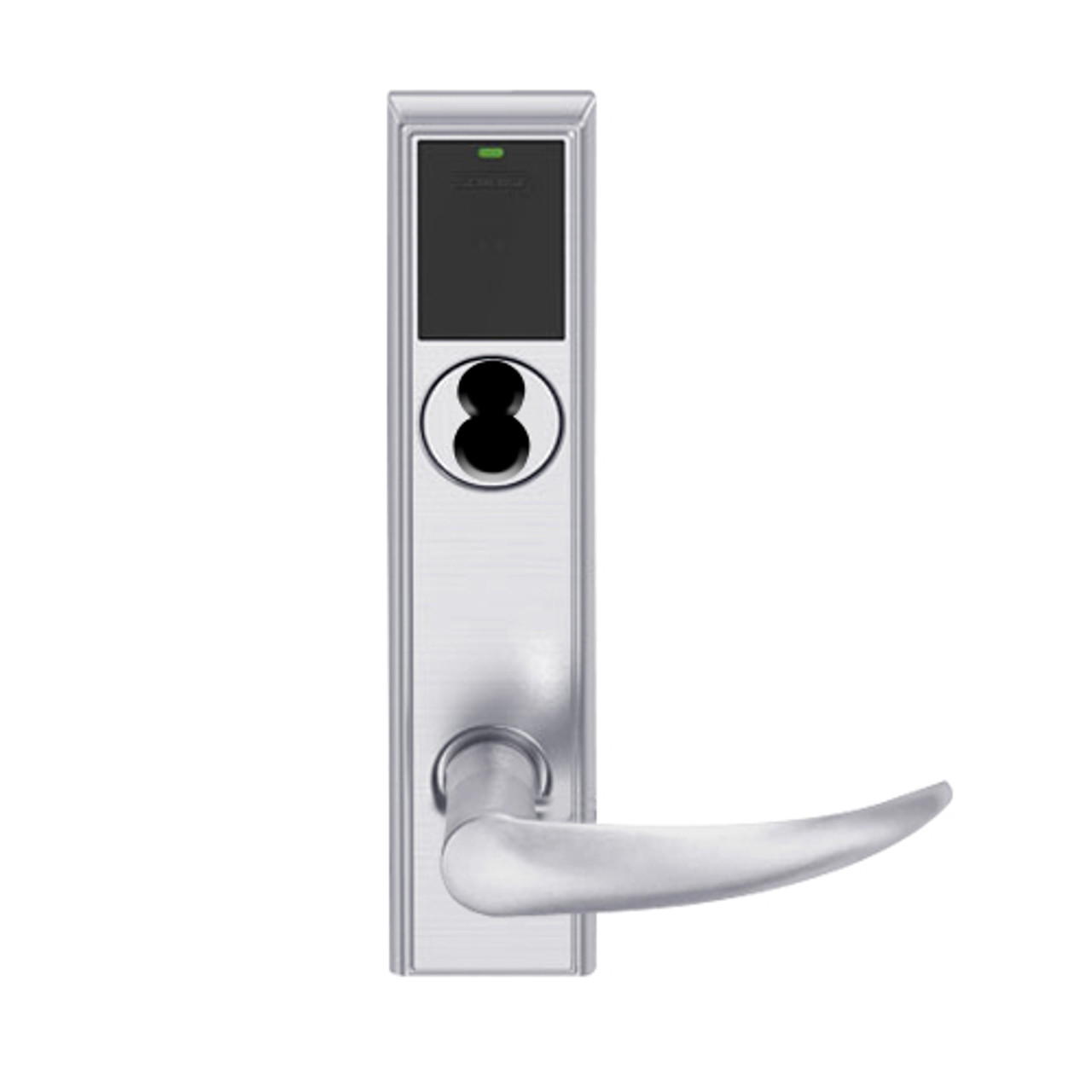 LEMB-ADD-BD-OME-626AM Schlage Privacy/Office Wireless Addison Mortise Lock with Push Button, LED and Omega Lever Prepped for SFIC in Satin Chrome Antimicrobial