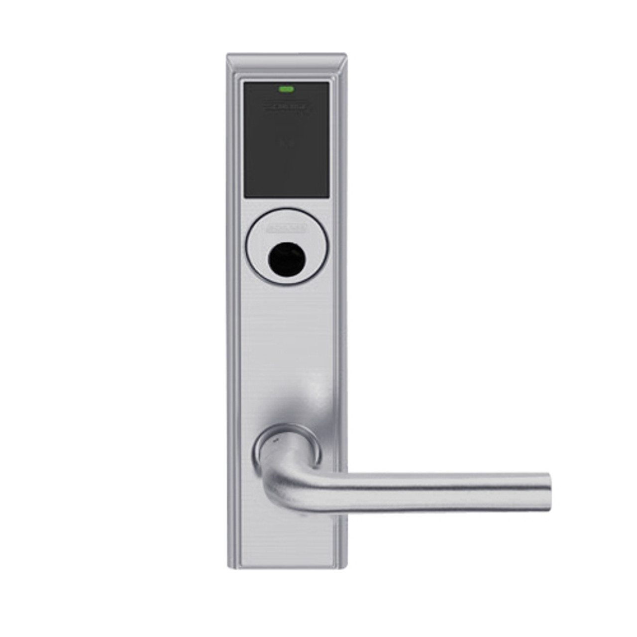 LEMD-ADD-L-02-626 Schlage Less Mortise Cylinder Privacy/Apartment Wireless Addison Mortise Deadbolt Lock with LED and 02 Lever in Satin Chrome