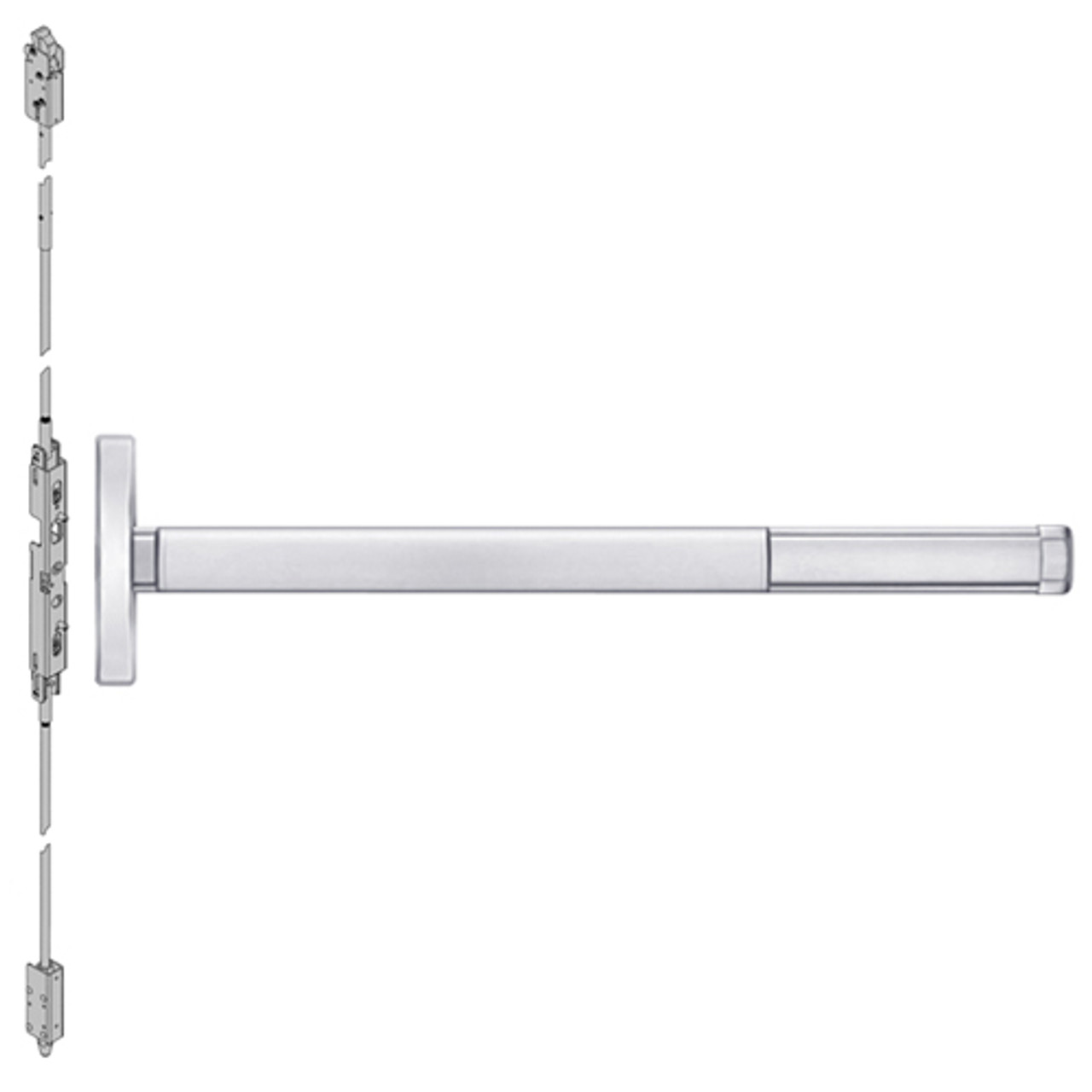 2608CD-625-48 PHI 2600 Series Non Fire Rated Concealed Vertical Rod Exit Device Prepped for Key Controls Lever with Cylinder Dogging in Bright Chrome Finish