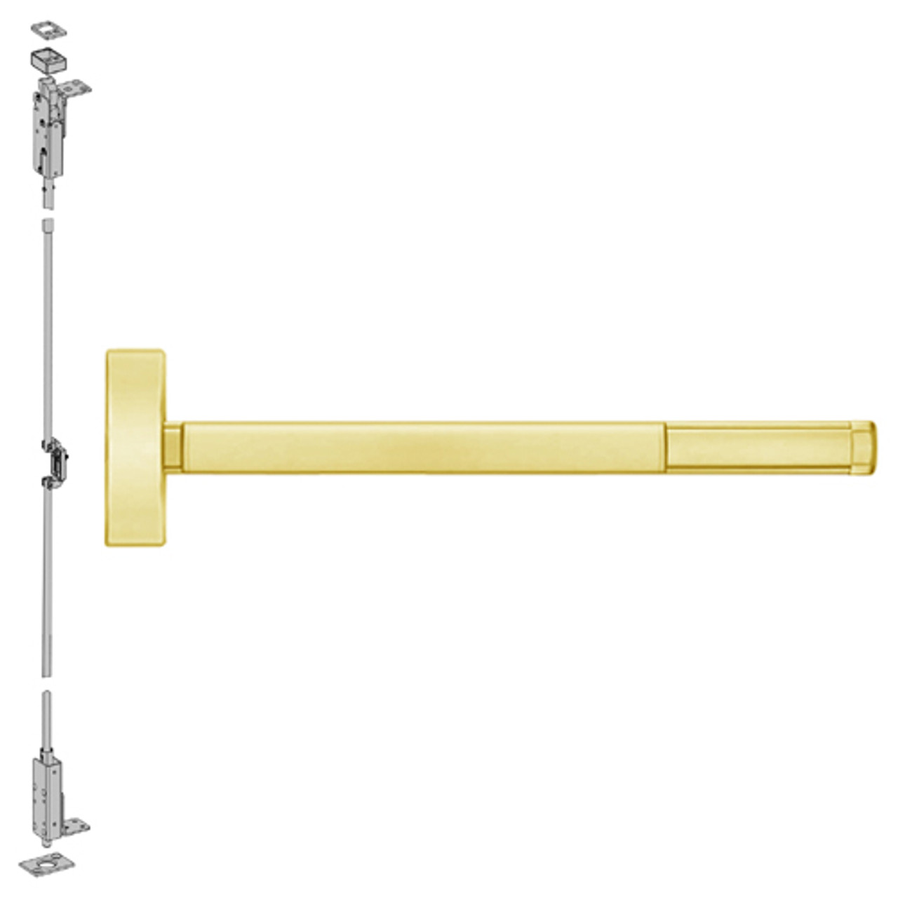 2703-605-36 PHI 2700 Series Non Fire Rated Wood Door Concealed Vertical Exit Device Prepped for Key Retracts Latchbolt in Bright Brass Finish