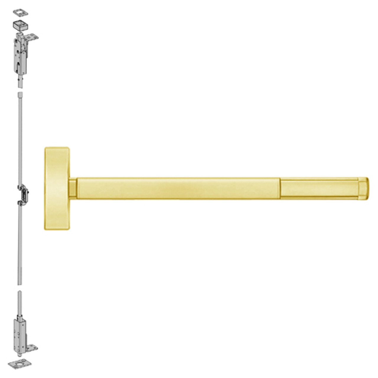 2703-605-48 PHI 2700 Series Non Fire Rated Wood Door Concealed Vertical Exit Device Prepped for Key Retracts Latchbolt in Bright Brass Finish