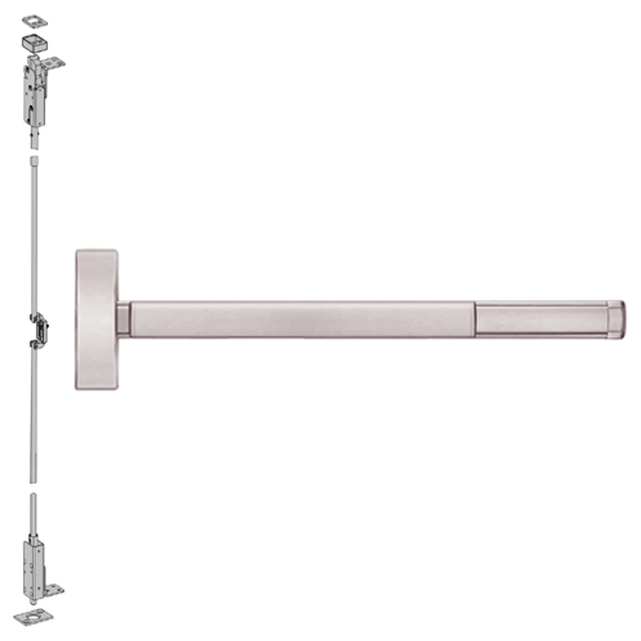 2702CD-628-36 PHI 2700 Series Wood Door Concealed Vertical Rod Device Prepped for Dummy Trim with Cylinder Dogging in Satin Aluminum Finish