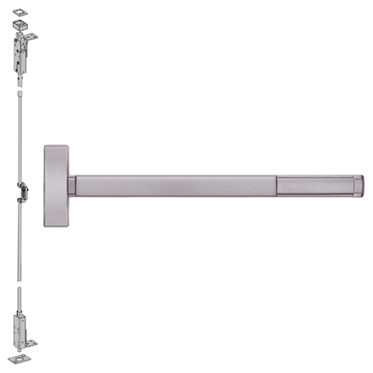 2703CD-630-36 PHI 2700 Series Wood Door Concealed Vertical Rod Device Prepped for Key Retracts Latchbolt with Cylinder Dogging in Satin Stainless Steel Finish