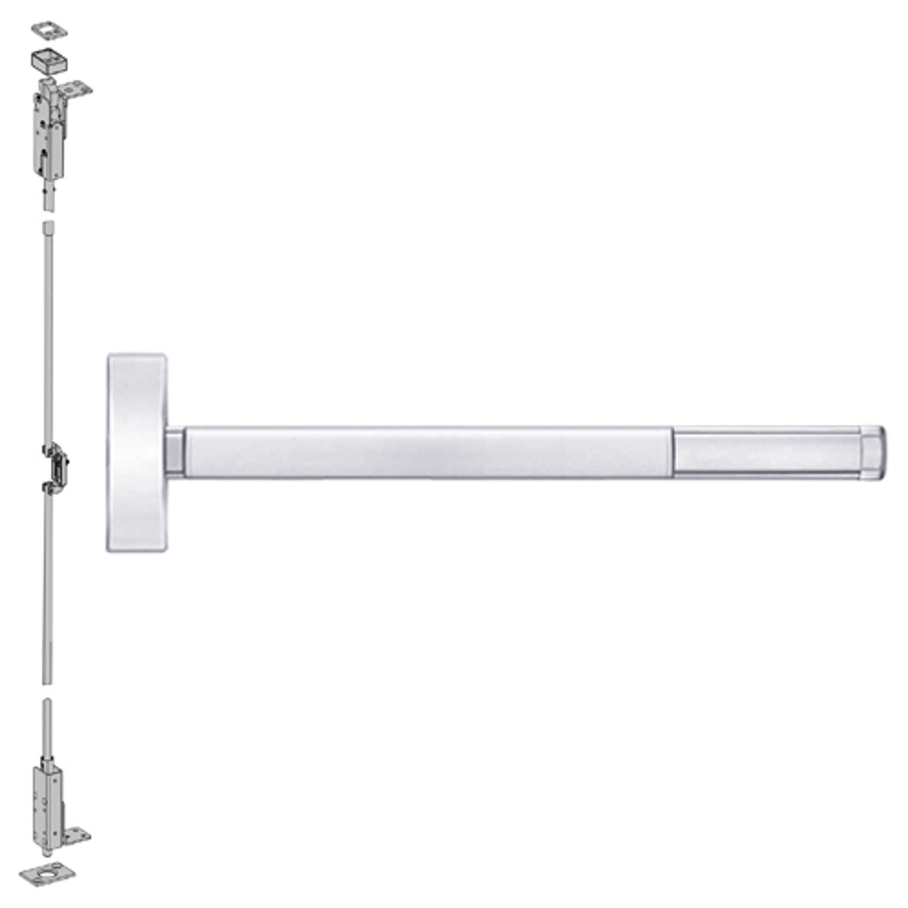 2705CD-625-36 PHI 2700 Series Wood Door Concealed Vertical Rod Device Prepped for Key Controls Thumb Piece with Cylinder Dogging in Bright Chrome Finish