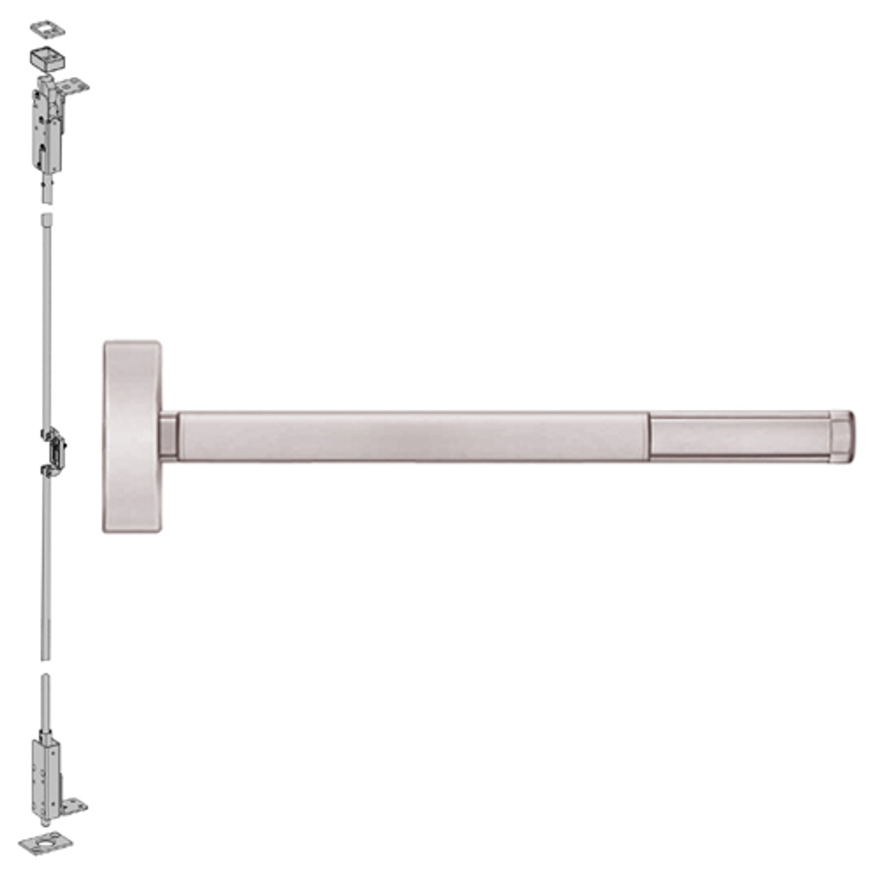 2705CD-628-36 PHI 2700 Series Wood Door Concealed Vertical Rod Device Prepped for Key Controls Thumb Piece with Cylinder Dogging in Satin Aluminum Finish