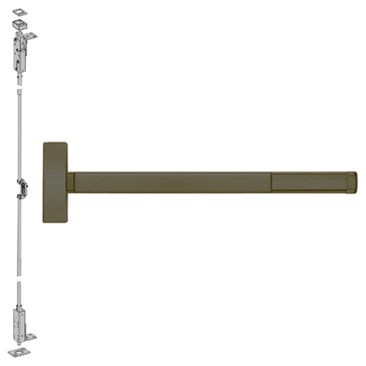 2714CD-613-36 PHI 2700 Series Wood Door Concealed Vertical Rod Device Prepped for Lever-Knob Always Active with Cylinder Dogging in Oil Rubbed Bronze Finish