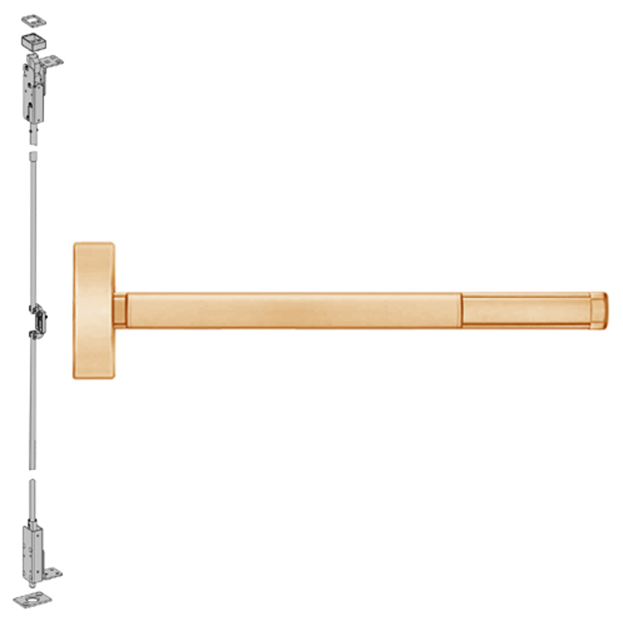 2715CD-612-36 PHI 2700 Series Wood Door Concealed Vertical Rod Device Prepped for Thumbpiece Always Active with Cylinder Dogging in Satin Bronze Finish