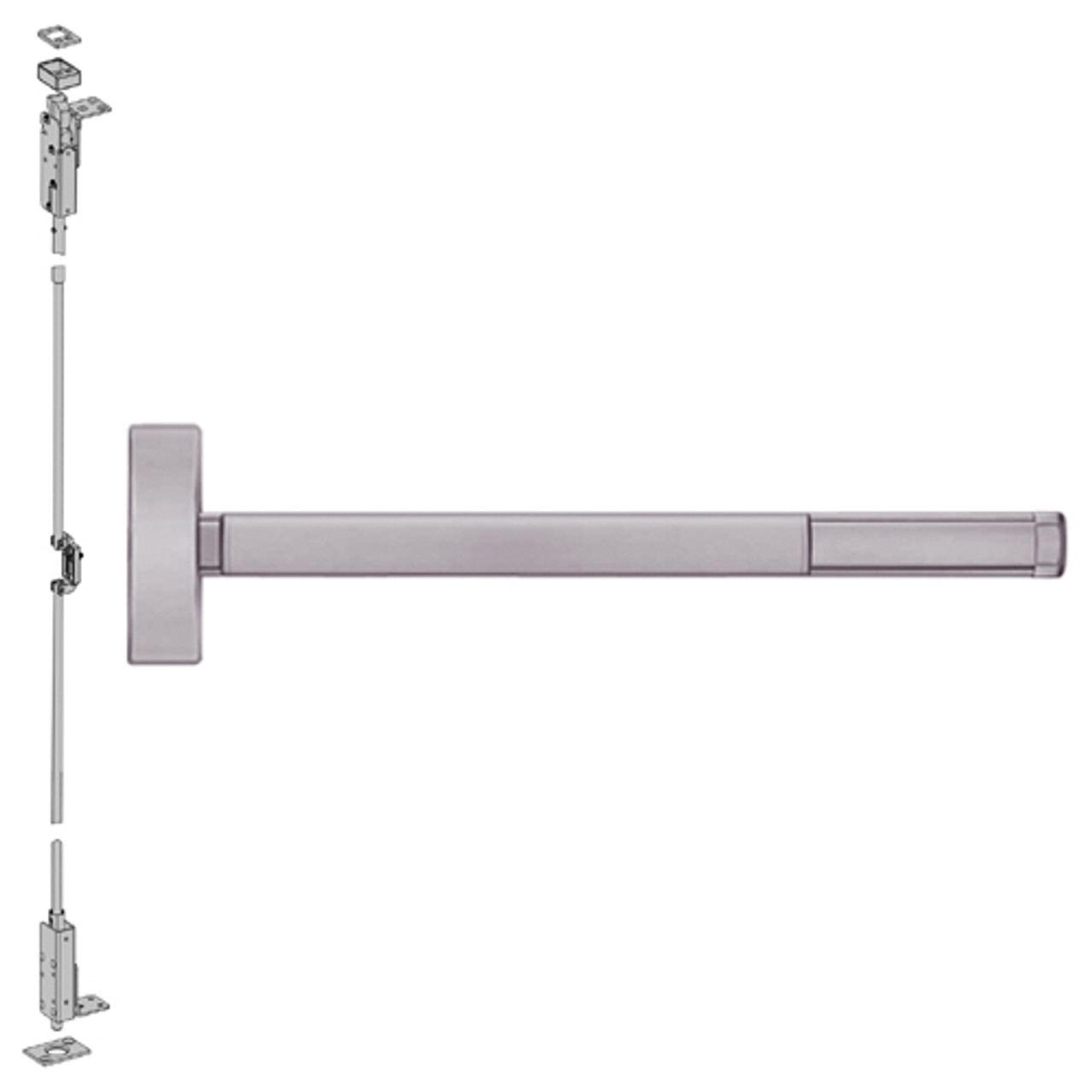 2715CD-630-36 PHI 2700 Series Wood Door Concealed Vertical Rod Device Prepped for Thumbpiece Always Active with Cylinder Dogging in Satin Stainless Steel Finish