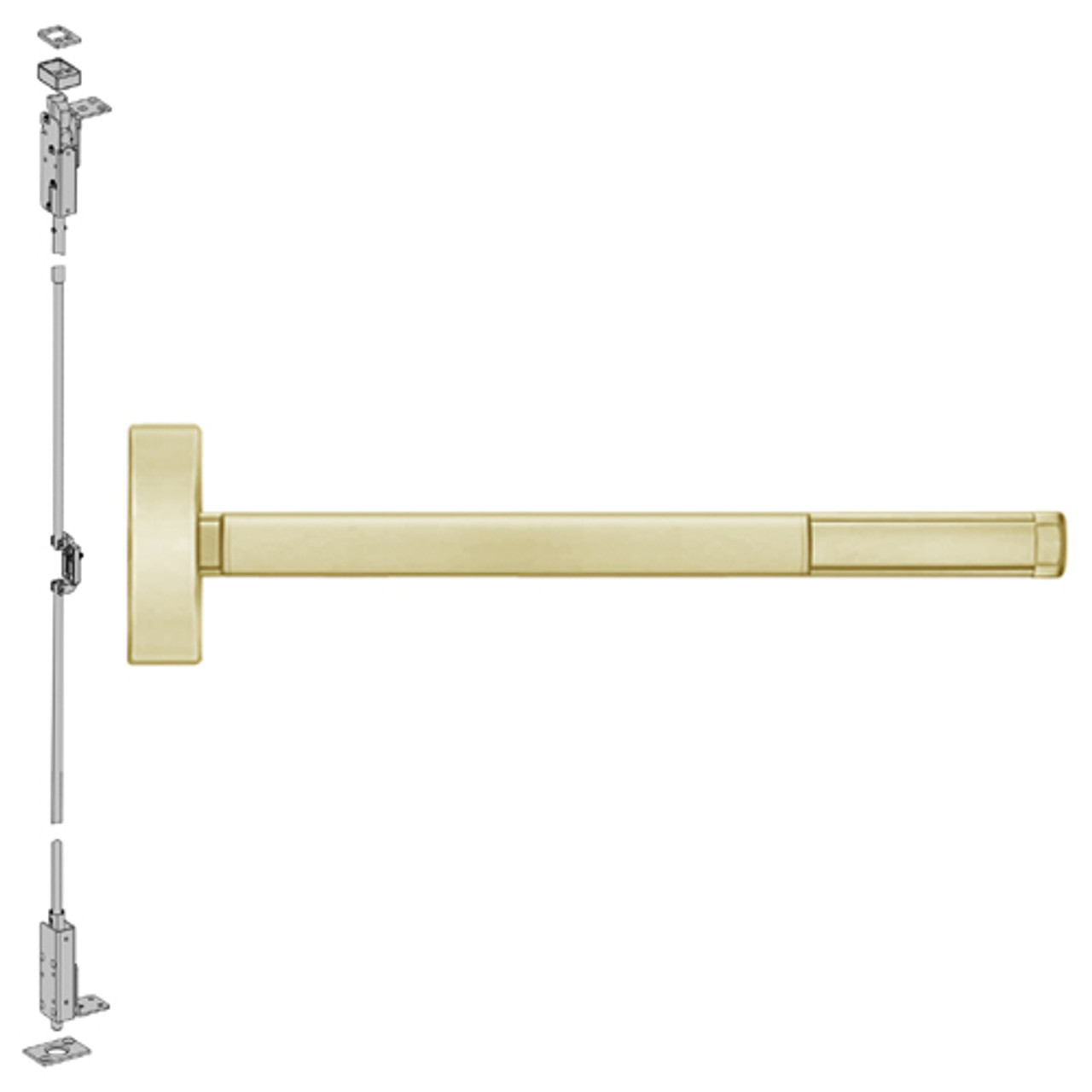 2702CD-606-48 PHI 2700 Series Wood Door Concealed Vertical Rod Device Prepped for Dummy Trim with Cylinder Dogging in Satin Brass Finish