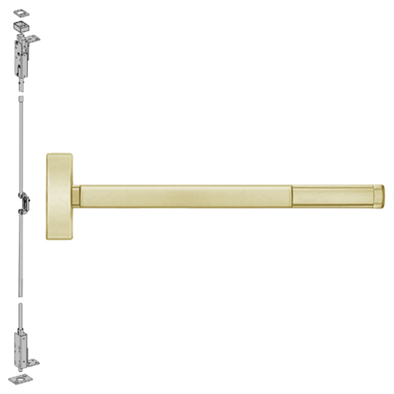 2708CD-606-48 PHI 2700 Series Wood Door Concealed Vertical Rod Device Prepped for Key Controls Lever-Knob with Cylinder Dogging in Satin Brass Finish
