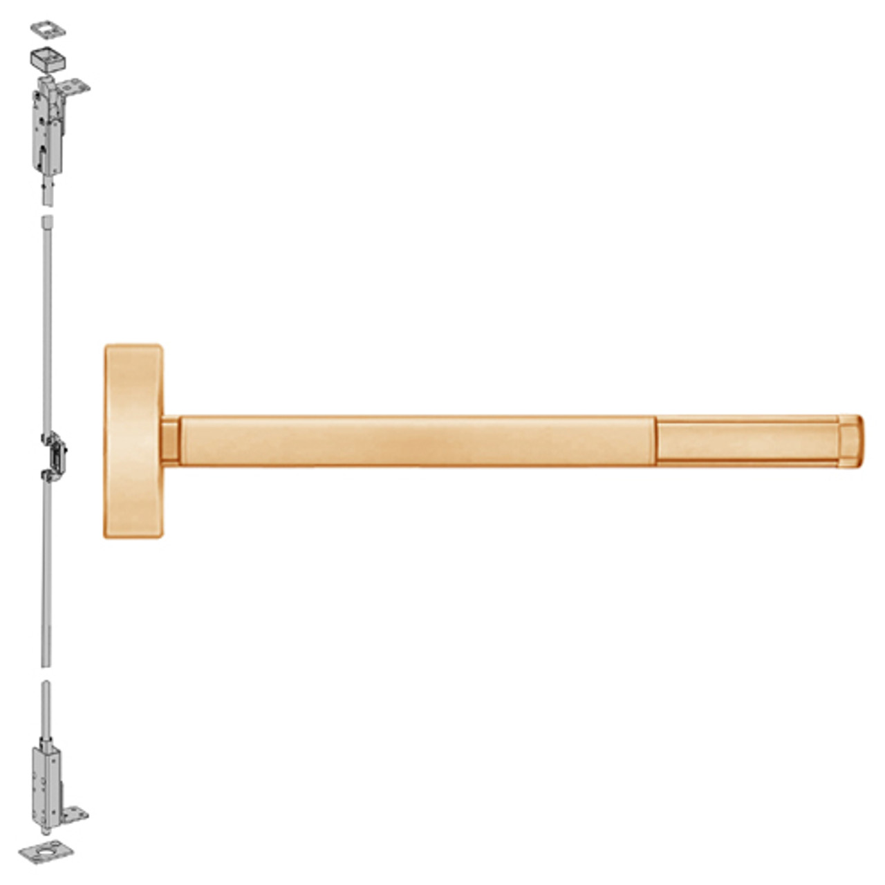 2703LBR-612-36 PHI 2700 Series Wood Door Concealed Vertical Rod Device Prepped for Key Retracts Latchbolt with Less Bottom Rod in Satin Bronze Finish