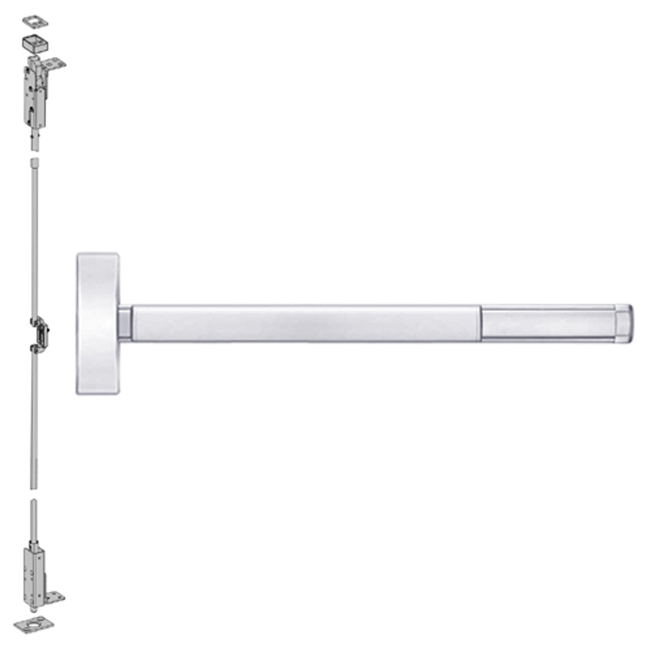 2714LBR-625-36 PHI 2700 Series Wood Door Concealed Vertical Rod Device Prepped for Lever-Knob Always Active with Less Bottom Rod in Bright Chrome Finish