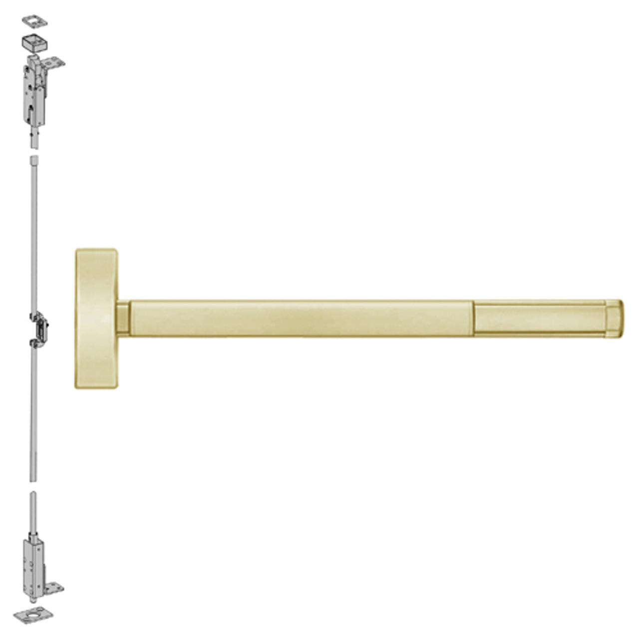 2715LBRCD-606-48 PHI 2700 Series Wood Door Concealed Vertical Rod Device Prepped for Thumbpiece Always Active with Less Bottom Rod in Satin Brass Finish