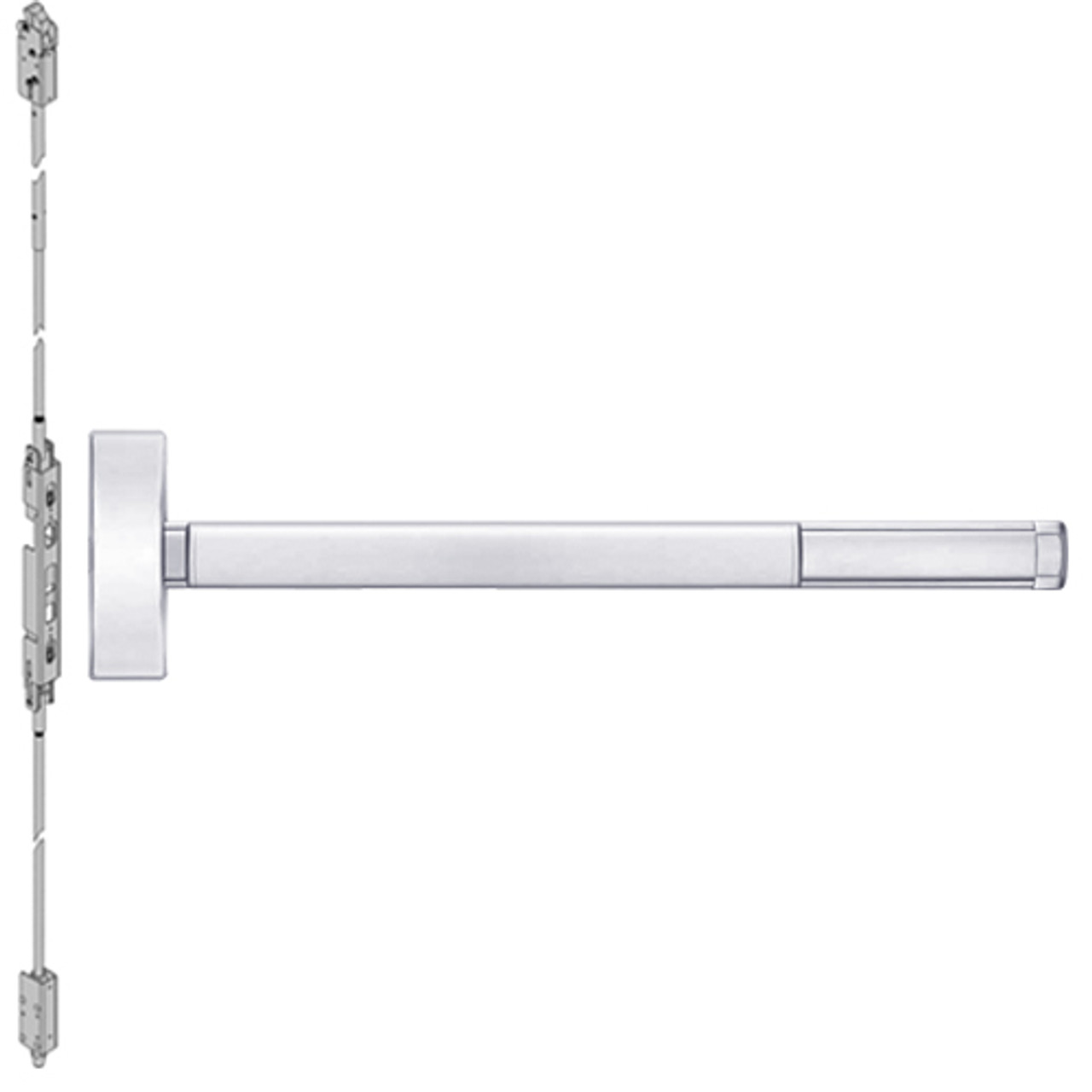 2814-625-36 PHI 2800 Series Non Fire Rated Concealed Vertical Rod Exit Device Prepped for Lever-Knob Always Active in Bright Chrome Finish