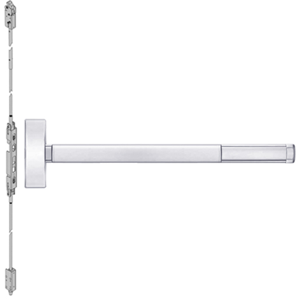 2801-625-48 PHI 2800 Series Non Fire Rated Concealed Vertical Rod Exit Device Prepped for Cover Plate in Bright Chrome Finish